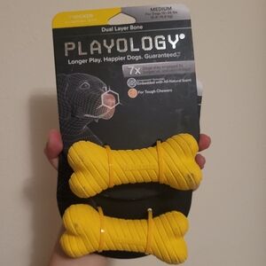 Set of 2 Playology Yellow Dual Layer Medium Bone Dog Toy, Chicken flavor